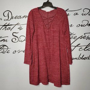 Entro from Anthropologie Burgandy A-Line Stretch Long Sleeve Mini Dress, S